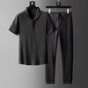 2Pcs/Set Casual Outfit for Men, Lapel Short Sleeve Shirt And Elastic Waist Loose Long Pants, Summer Ultra-Thin Ice Silk Outfit for Home And Daily Wear