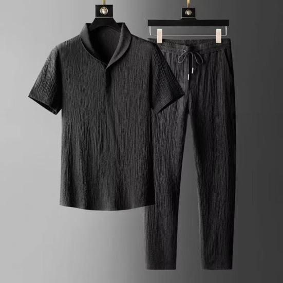 2 ks/Sada Ležérní Outfit pro Muže, Límcová Krátkorukává Košile a Elastický Pas Volné Dlouhé Kalhoty, Letní Ultra-Tenký Outfit z Ledového Hedvábí pro Domov a Denní Nošení