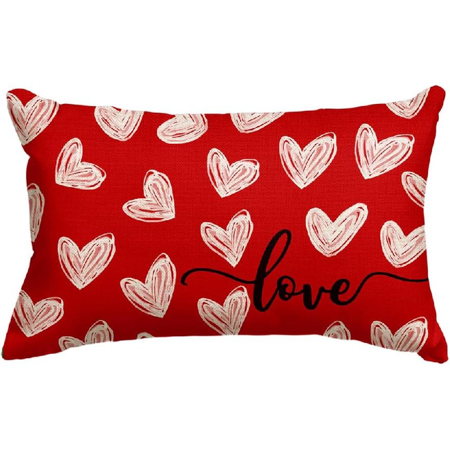 AVOIN colorlife Valentine's Day White Love Heart Throw Pillow Cover, 12 x 20 Inch Red Anniversary Wedding Cushion Case Decoration for Sofa Couch