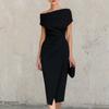 Women's Off Shoulder Twist Front Bodycon Midi Dress with Side Slit Elegant Cocktail Party Dress