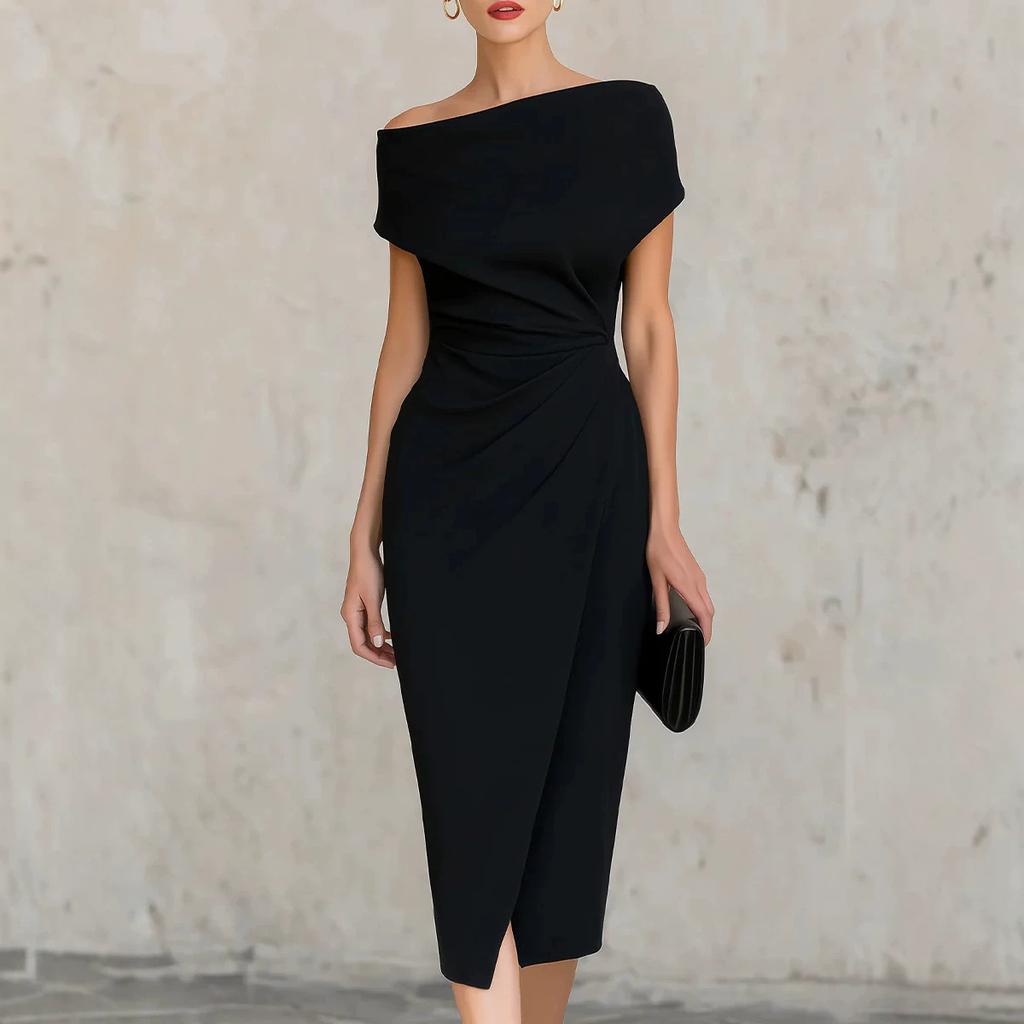 Women's Off Shoulder Twist Front Bodycon Midi Dress with Side Slit Elegant Cocktail Party Dress
