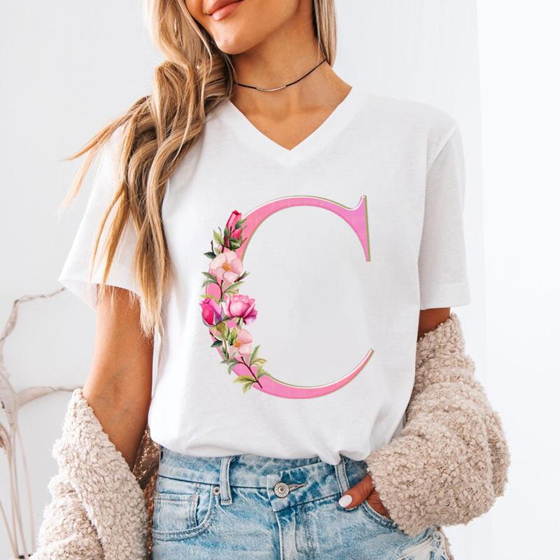 Floral Initials Unisexs Vneck Tshirt Az 26 Alphabet Fashion Casual Tops Pink Flower Short Sleeve Tee Letter S Floral Gift Top