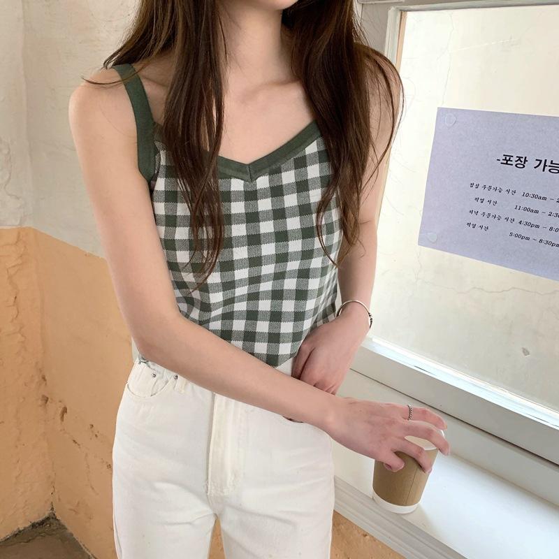 

Красивая спинка жилета Женщины в интернет-красном взрыве французская клетка с нижней вязкой небольшой халтер без рукавов тенденция топ One size