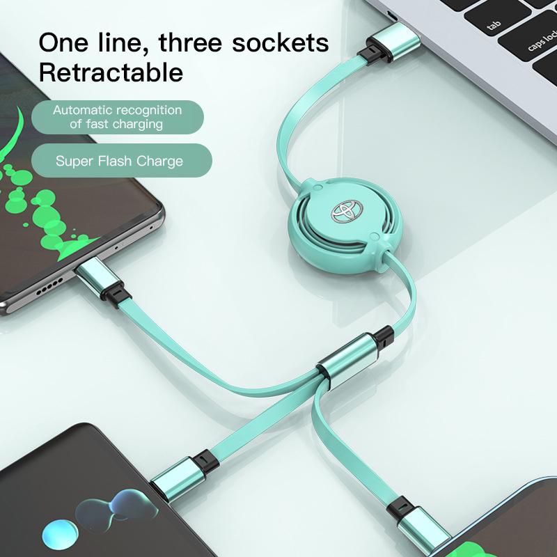 3 In 1 Retractable Mobile Phone Fast Charging Cable For Toyota Corolla Camry Asian Dragon Supra Hilux Land Cruiser GR SPORT TRD