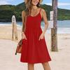 A Women's Summer Casual Solid-Color Printed Strap, Loose Waist Pocket And Large Hem Dress
