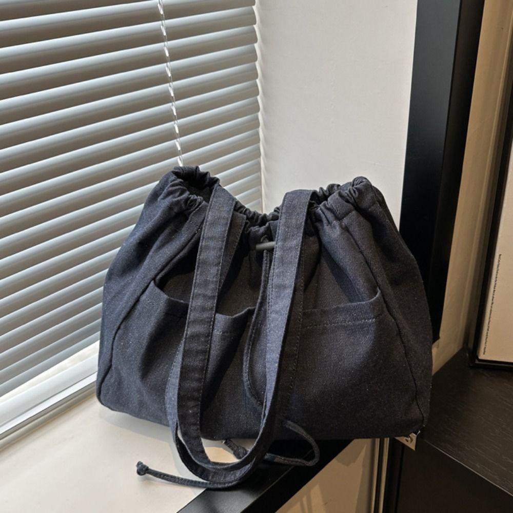 Large Capacity Denim Tote Bag Leisure Canvas Bucket Bag Oxford Drawstring Shoulder Bag Students