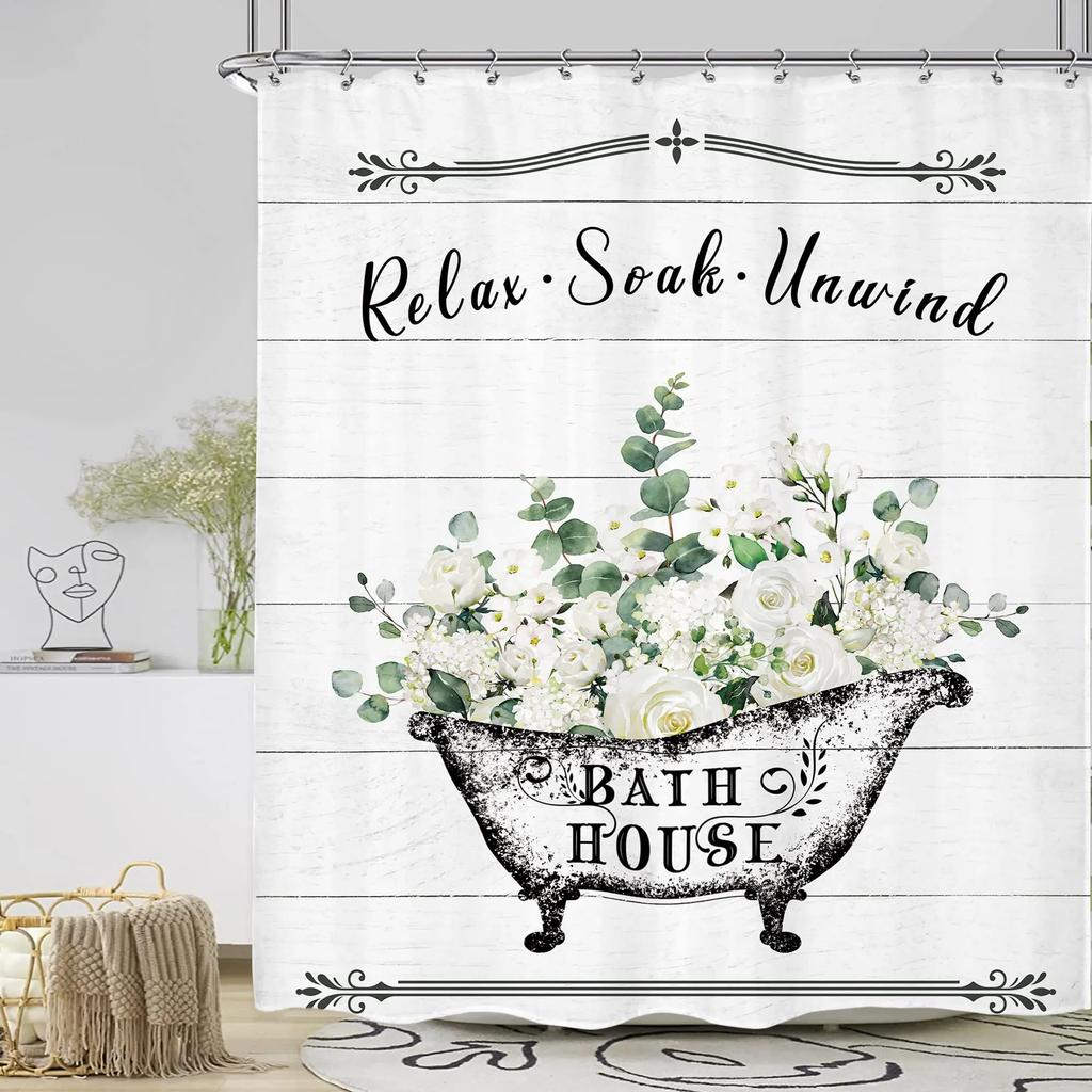Vintage Floral Bathroom Shower Curtain Leaf Lavender Bathroom Potting Waterproof Polyester Bathroom Decoration Curtain Shower