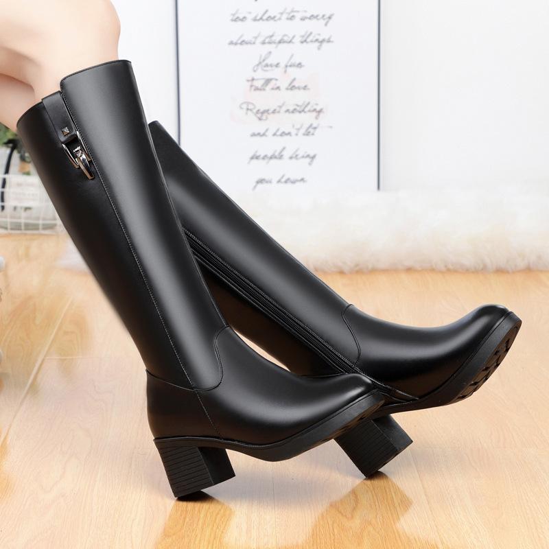 Winter leather wool high boots women's velvet long boots medium heel boots thick heel large size leather boots women's cotton boots