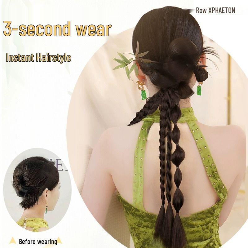 Golden Thread Chinese Five-Strand Fishtail Braid Ponytail & Flower Bun Bridal Hair Robe for Photography