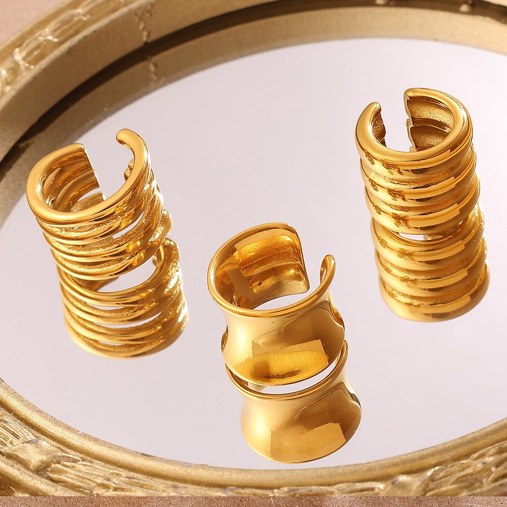 Plain Ring Niche Ear Clips, Stainless Steel Plated 18K Gold Multi-layer Stacked Design Earrings