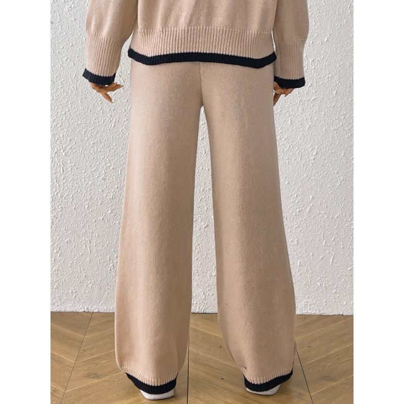 Damen Wollhose Strickpullover Lässig Kontrastfarben Spleißen Hohe Taille Gerades Bein Weitbein Hose