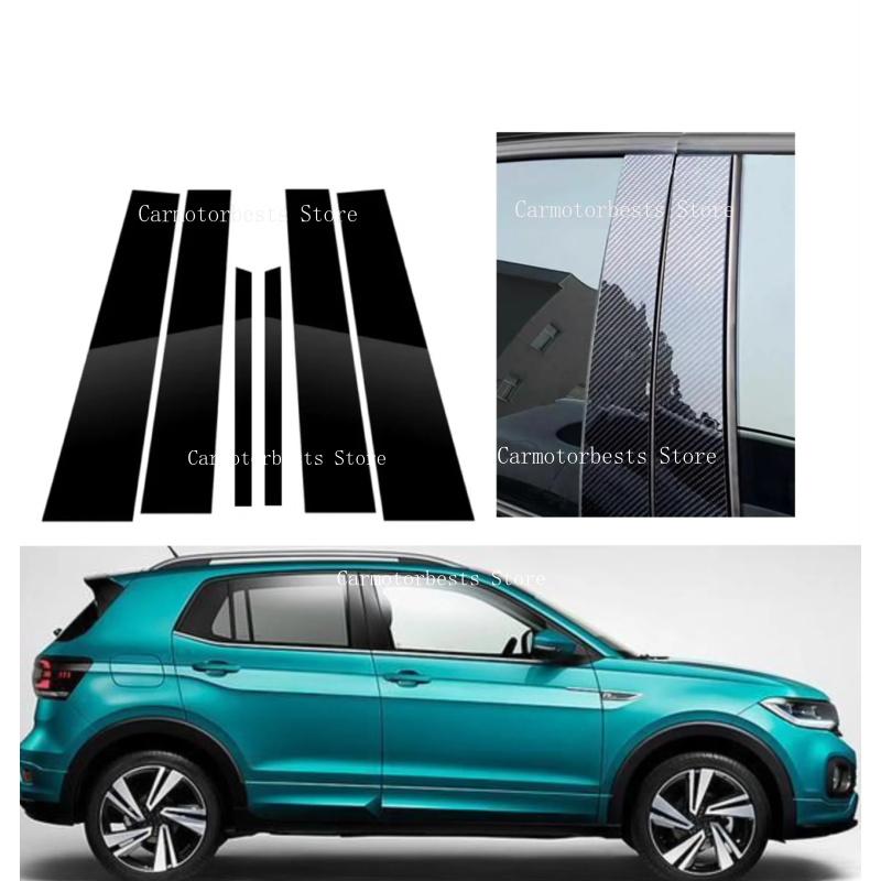 6PCS Glossy Black Silver Carbon Pillar Post Fit For VW T-Cross T cross Door Window Column BC Trim Sticker Cover