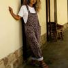 Leopard Print Denim Overalls With Adjustable Straps Pockets Relaxed Fit Cuffed Leg Womens Casual Jumpsuit