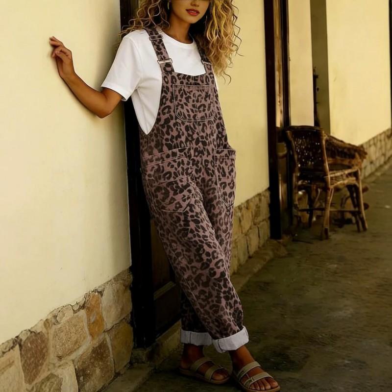 Leopard Print Denim Overalls With Adjustable Straps Pockets Relaxed Fit Cuffed Leg Womens Casual Jumpsuit