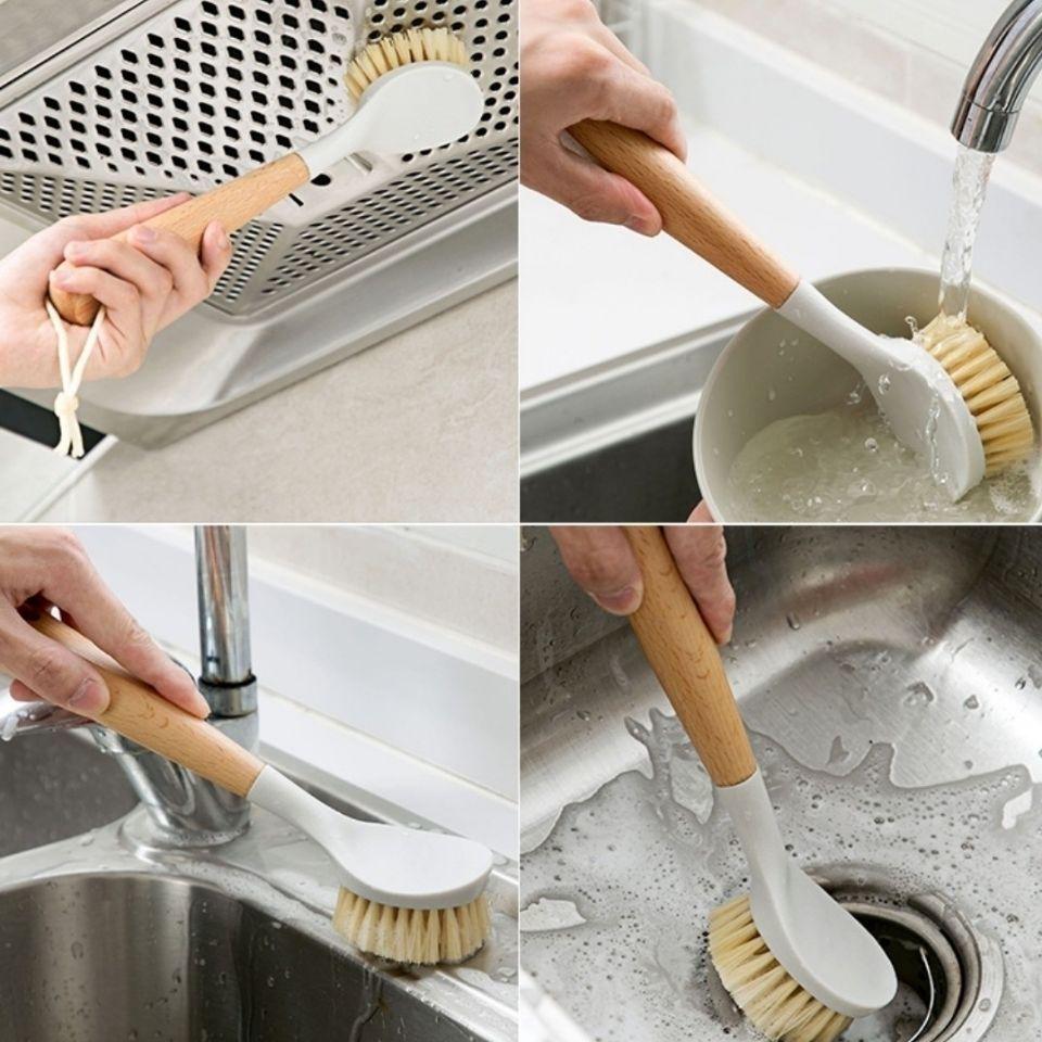 Wooden Long Handle Dish Brush - Multifunctional Non-Stick Oil Cleaning Brush