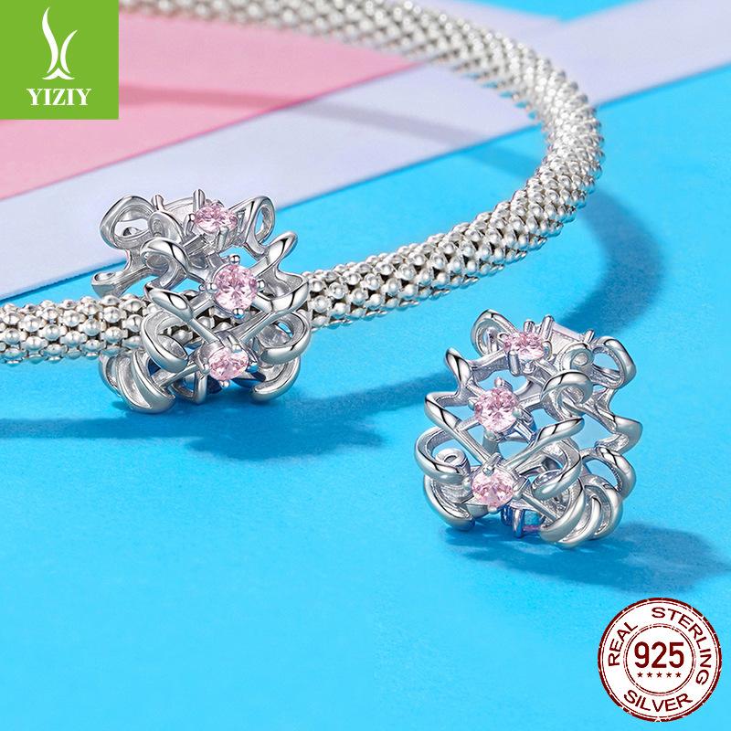 S925 Sterling Silver Bow Bead Spacer, Pink Dream Diy Hollow Bow Bracelet Beads