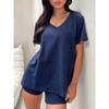 Women V Neck Short Sleeve Solid Color Casual Summer Two Piece Outfit Set