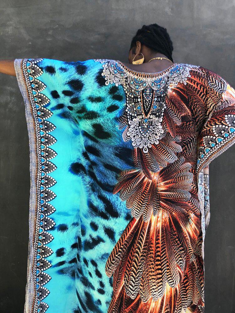 Feather Print Polyester Beach Robe Cover-Up