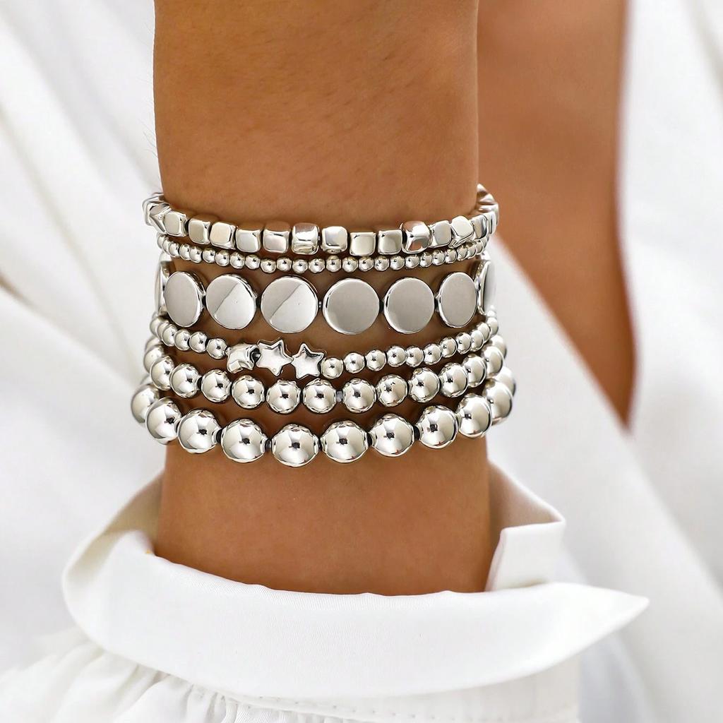 6Pcs/set Bohemia Handmade Geometric Ball Bead Chain Bracelet Vintage Stacked Ball Beaded Bracelet For Women Trend Party Zircon