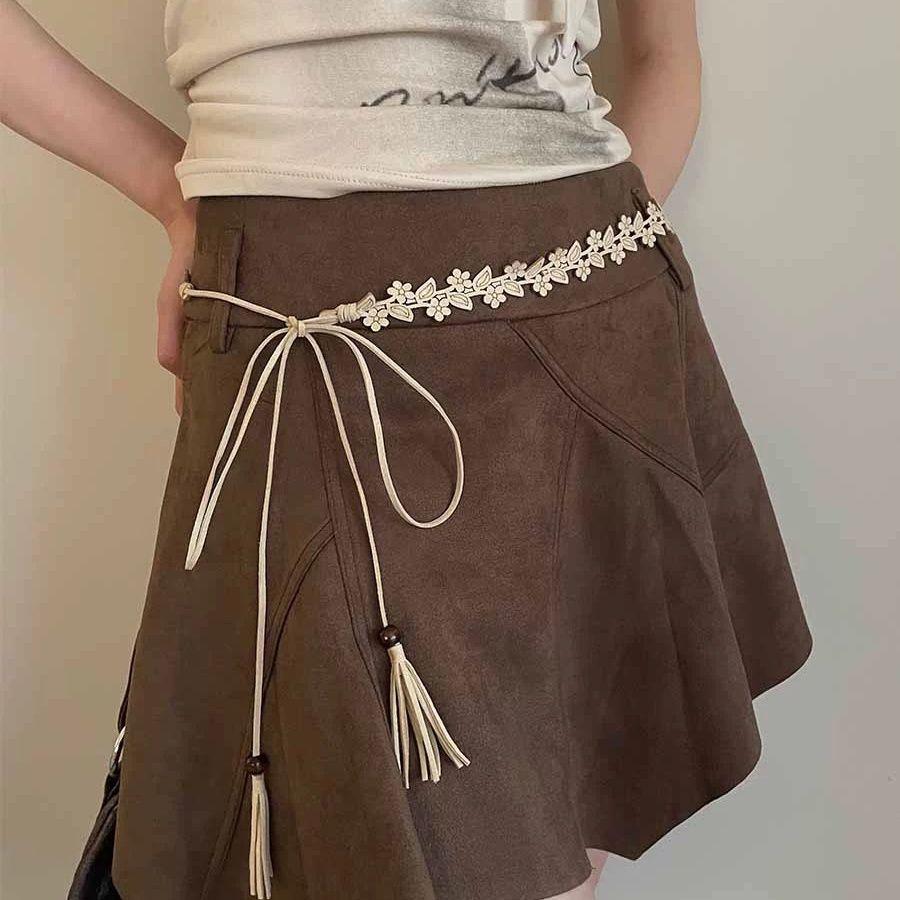 

Сладкие тканые платья с цветочным принтом на талии, женские платья в национальном стиле, новый дизайн платья, универсальная юбка с поясом, веревка, корейская мода one size бежевый