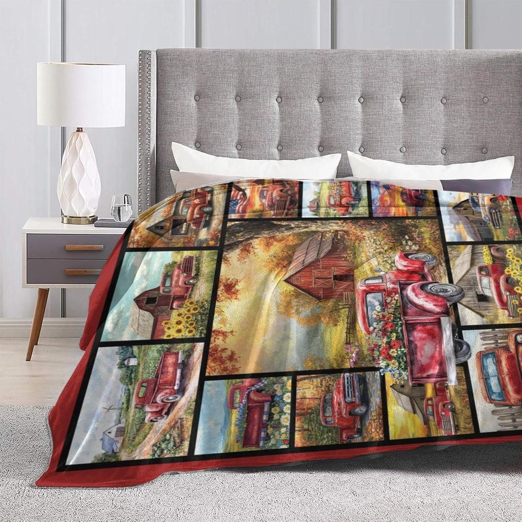 Red Trucks Blanket Gifts for Girls Boys Women Farm Flower Throw Blankets Farmhouse Old Barn Throws Truck Fleece Flannel Soft Lig