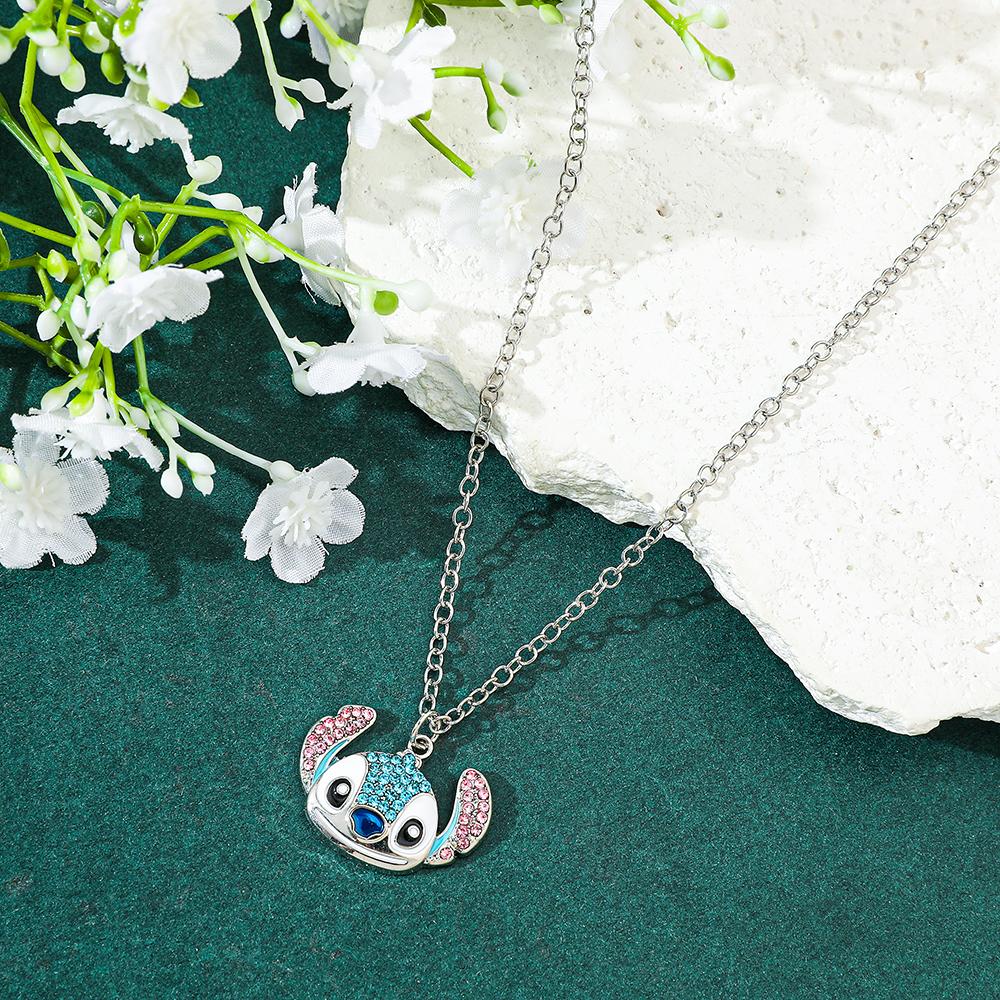 Cute Stitch Cartoon Pendant Necklace Jewelry Personality Sweater Chain with Filled Rhinestones for Women Gift