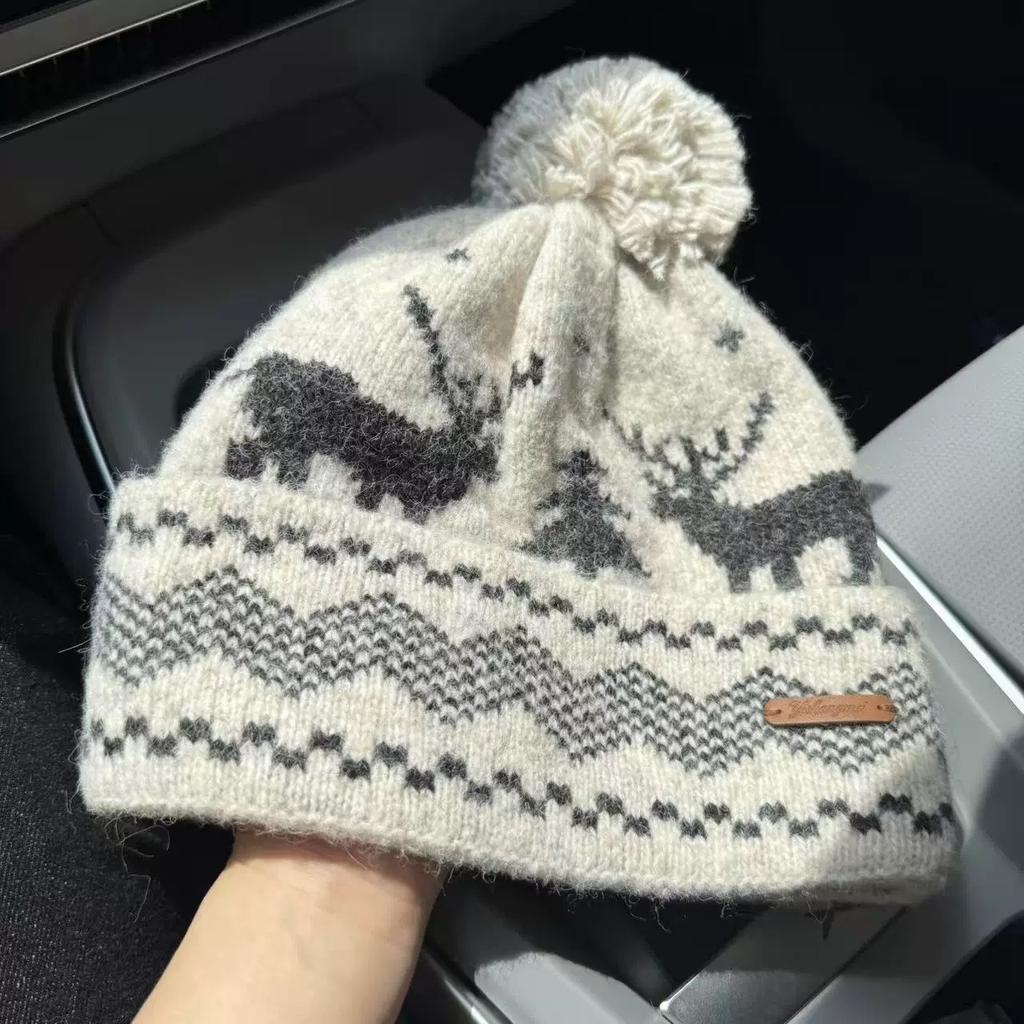 Red Deer Fur Ball Knitted Woolen Hat for Women New Autumn and Winter Face Showing Small Warm and Cold Proof Ear Protection Hat