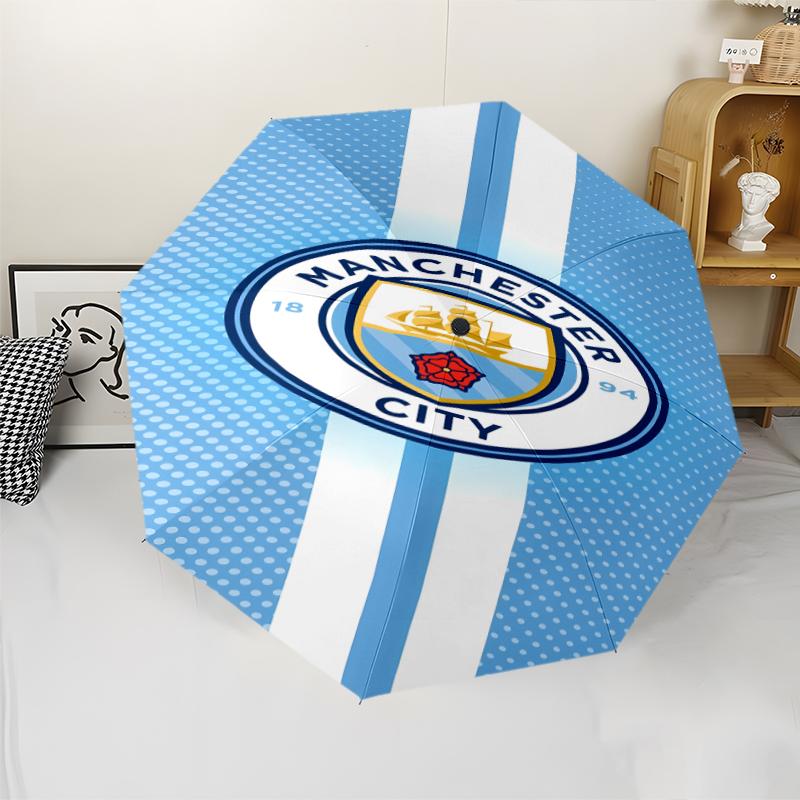 Manchester City Football Club Print Automatic Umbrella, 8 Rib Iron Frame, Plastic Handle, Suitable for Outdoor Travel &Daily , Ideal Gift