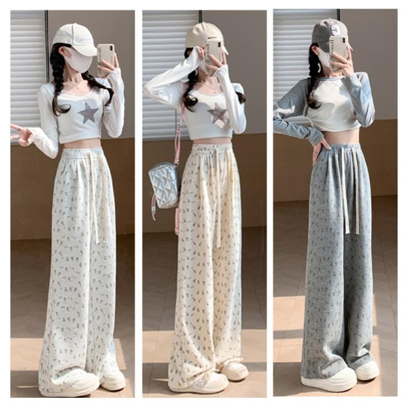 Floral White Lazy Wide-leg Pants Women's Spring and Autumn New Loose Straight Casual Sweatpants Small Sweatpants
