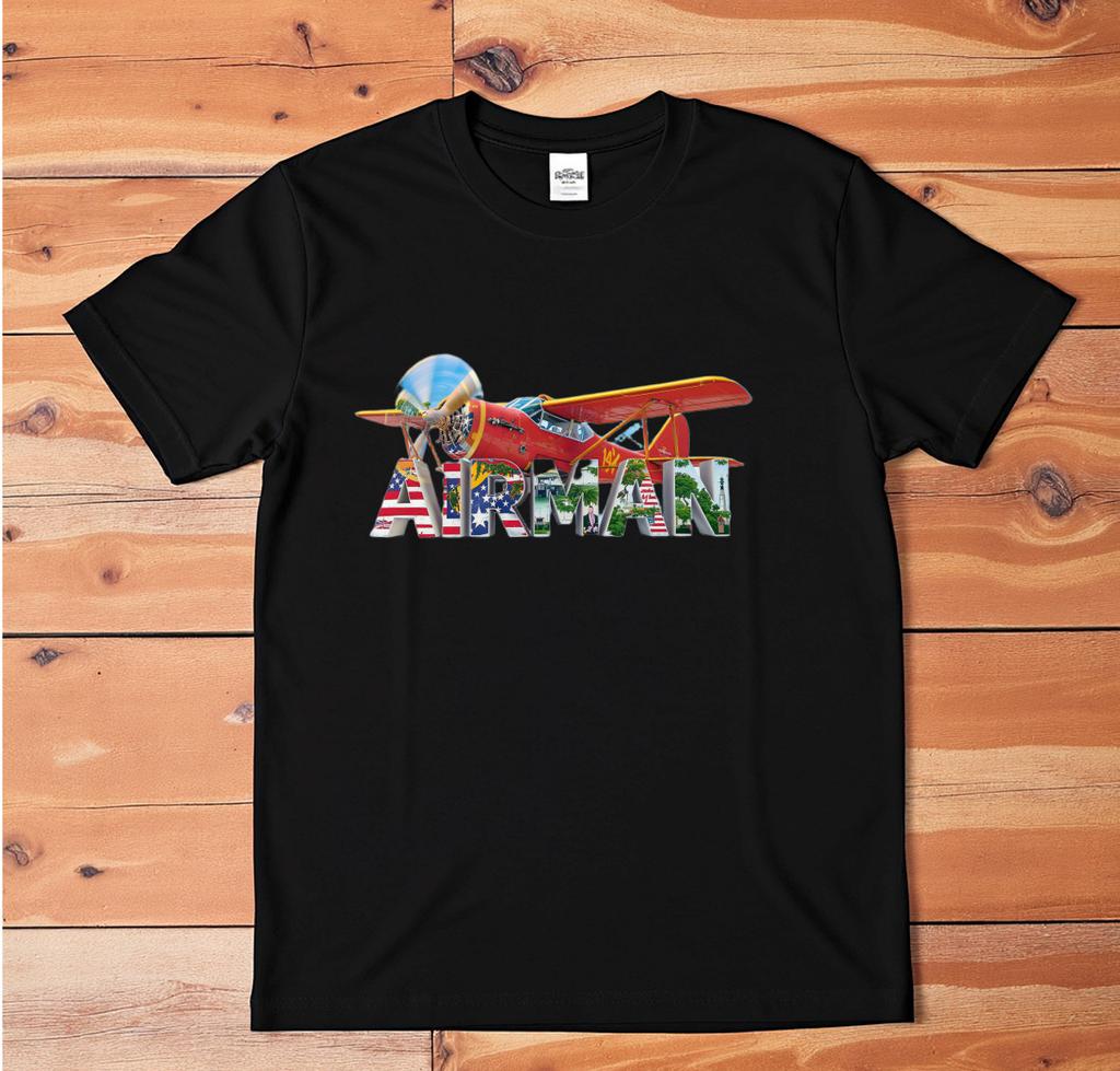 Vintage Biplane Airman Graphic Tee Patriotic Aviation T-Shirt Black