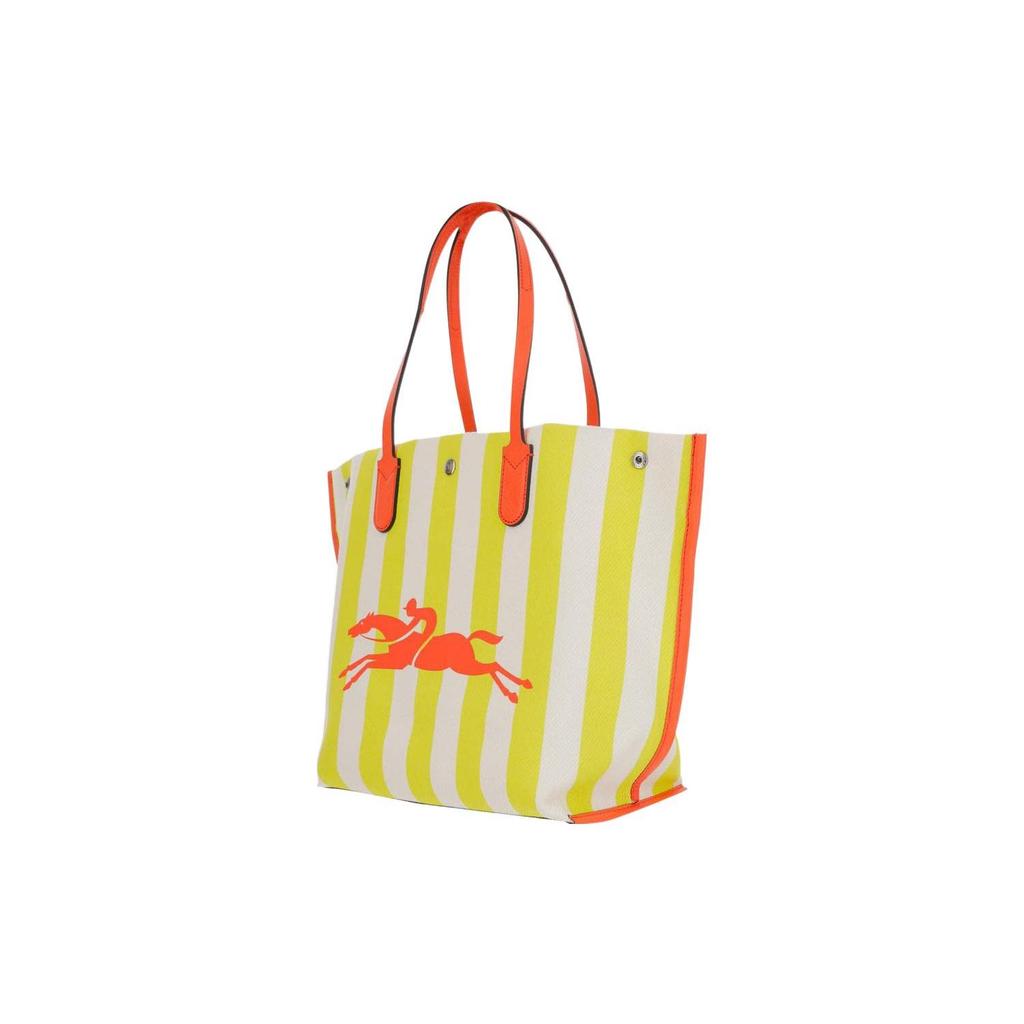Longchamp Le Roseau Essential 32 Pferde-Print Druckknopfverschluss Baumwoll-Canvas Mit Lederbesatz Tragetasche Damen Tragetaschen Gelb Weiß 10090HCSH30