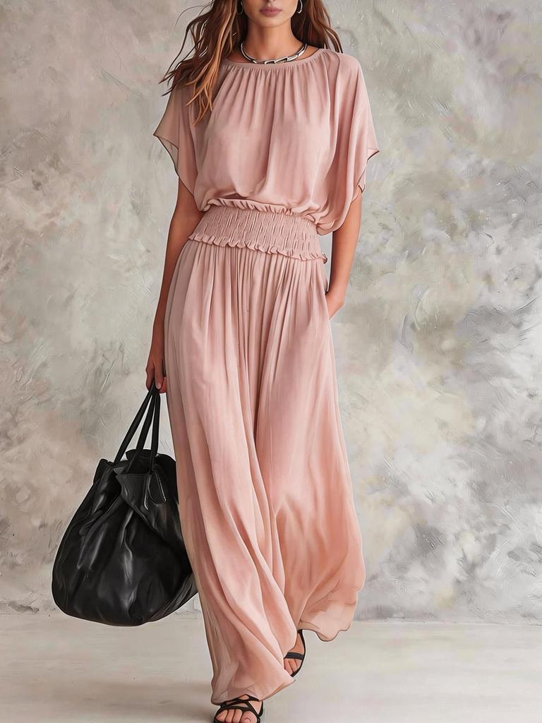 2026 new summer European and American chiffon waist collection elegant exquisite long dress
