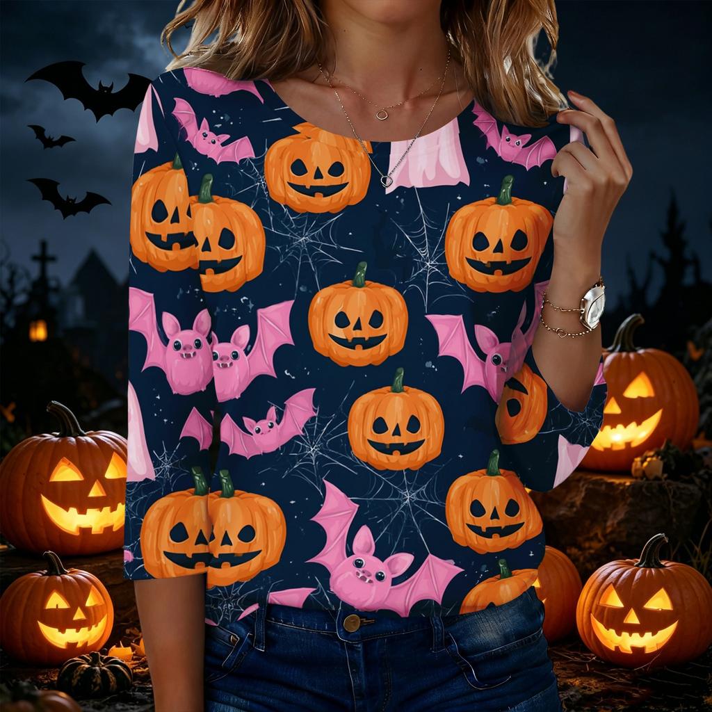 Women's Casual Halloween Print Round Neck Three Quarter Sleeve T Shirt Top Lightweight Comfortable Fit