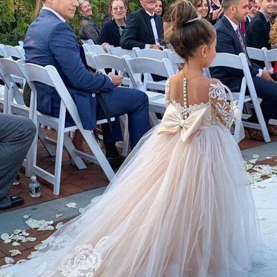 שמלת נסיכה נפוחה לבנות - שמלת שושבינה לחתונה עם שובל תחרה, שמלת נשף לילדים למסיבה וטקס