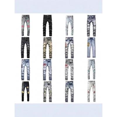 Calças Jeans Masculinas Slim Fit Rasgadas com Bordado Patchwork Estilo Streetwear Casuais