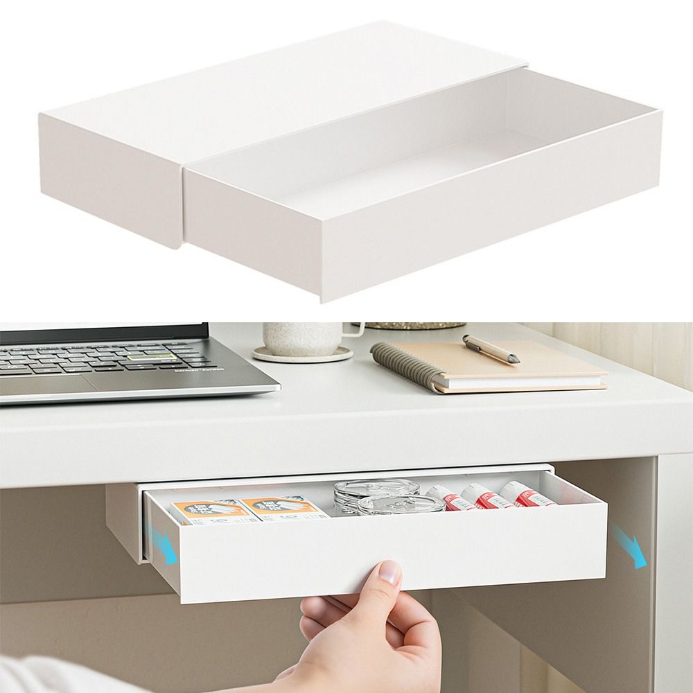 White Under Desk Storage Box Hidden Design Self Adhesive Desk Storage Drawer Organizer Drawer Storage Box