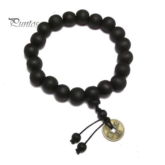 Women Bracelet Wooden Bead Vintage Jewelry Copper Bangle Coin Pendant for Unisex
