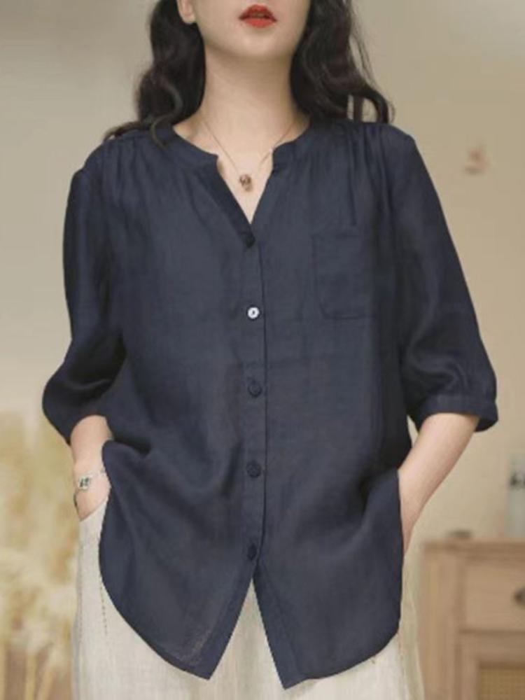 2025 Art Retro Summer Thin Cotton and Hemp Shirt Women's Loose V-neck Shirt Jacket Casual Small Shirt