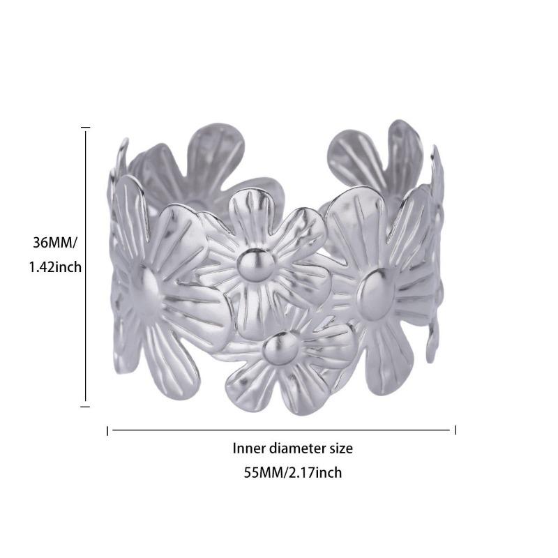 Wide Geometric Flower Stainless Steel Bracelet Women's Adjustable Open Bracelet Hip Hop Style