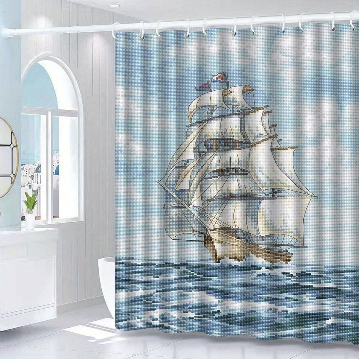 

Elegant Sailing Ship Shower Curtain, High-End And Anti-Fog Polyester Bathroom Decor With Hooks, Shower Curtains For Bathroom W60H190(CM)-1 Pcs