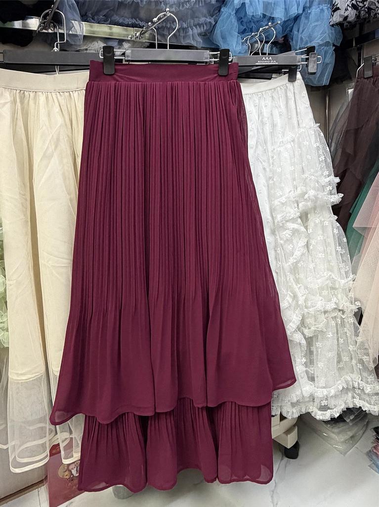 Elegant Japanese-Style Double-Layer Pleated Chiffon Skirt, Slimming and Versatile with an Elastic Waist