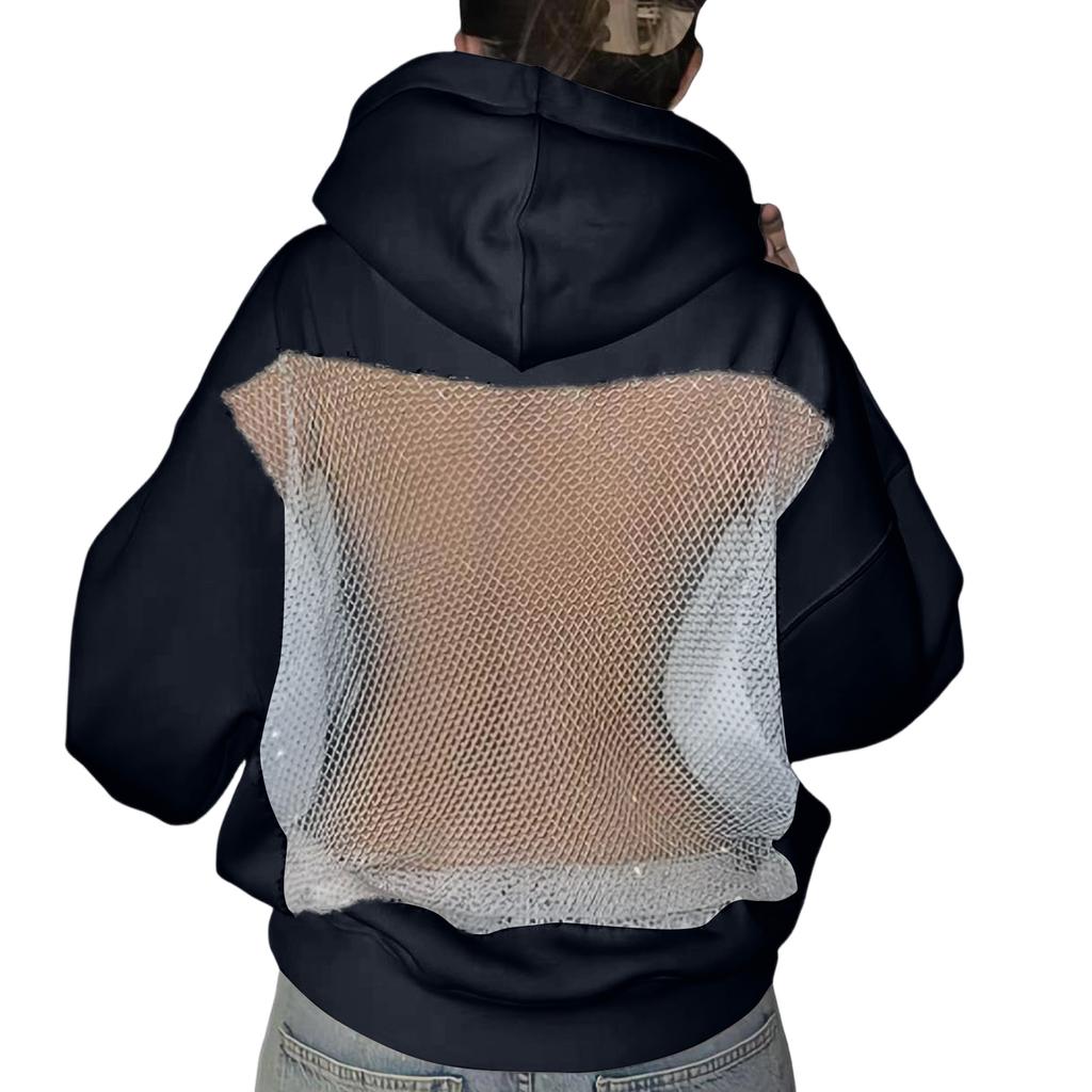 Women's Color Fashionable Backless Hollow Mesh Long Sleeved Hooded Sweatshirt