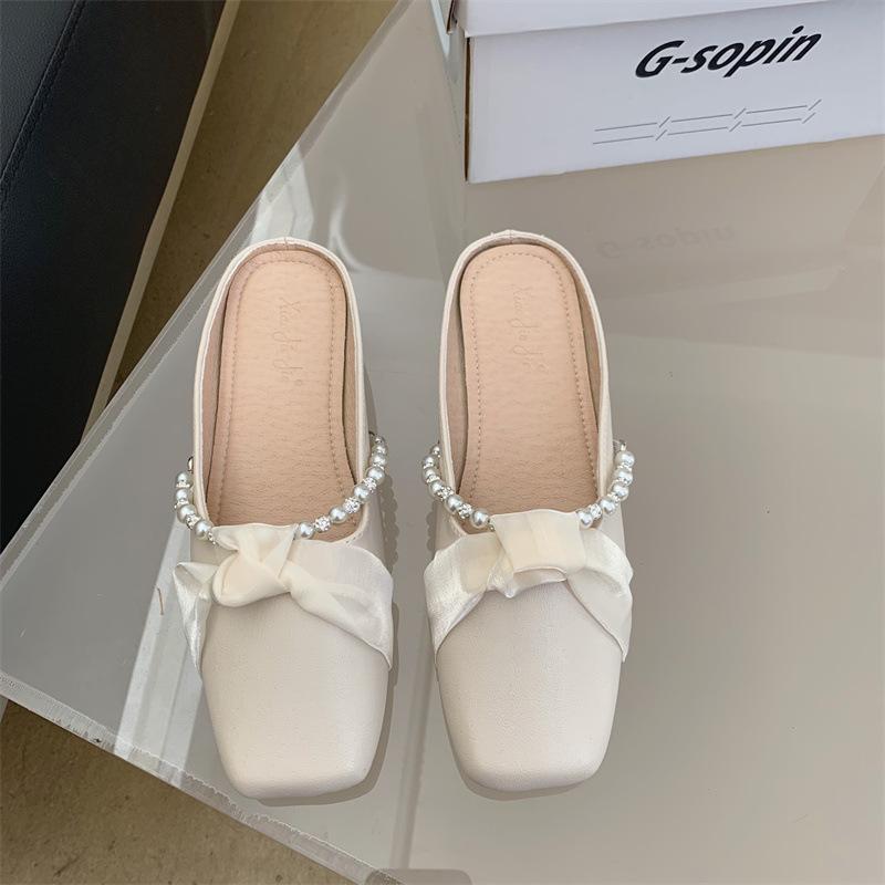 Square head bag head half slippers female pearl sweet fashion versatile low heel flat bottom slippers outer wear