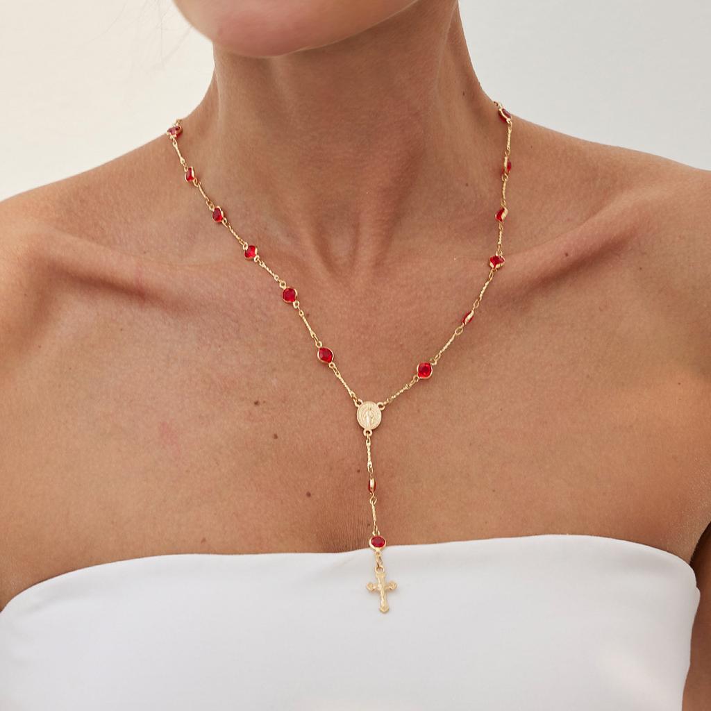 Hip-Hop Colored Crystal Stacked With Y-Shaped Necklace, Cold Wind Metal Cross Chain Necklace.