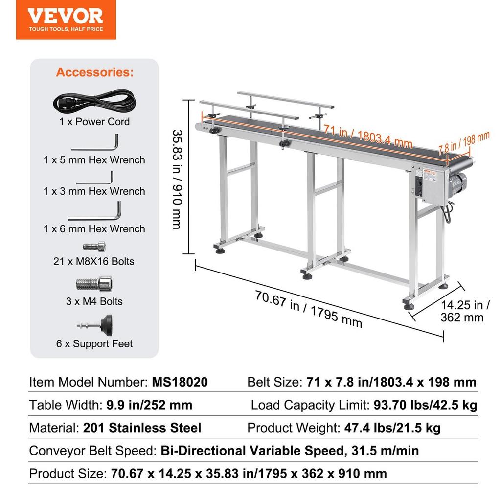 Belt Conveyor, 71 X 7.8 Inch Conveyor Table, Heavy Duty Stainless Steel Motorized Belt Conveyor for Inkjet Coding Applications Powered PVC Belt