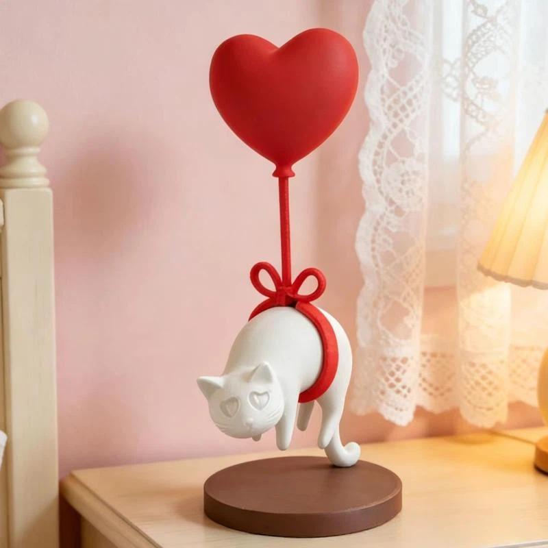 Cute Cat Figurine with Heart Balloon & Bow, Kawaii Resin Craft for Bedroom Desktop Birthday Gift for Cat Lovers