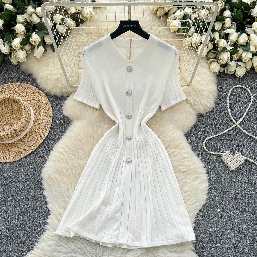 French Retro Polo Collar Short-sleeved Metal Buckle Waist Thin Knitted Dress Women's Summer Foreign Style Age-reducing Skirt