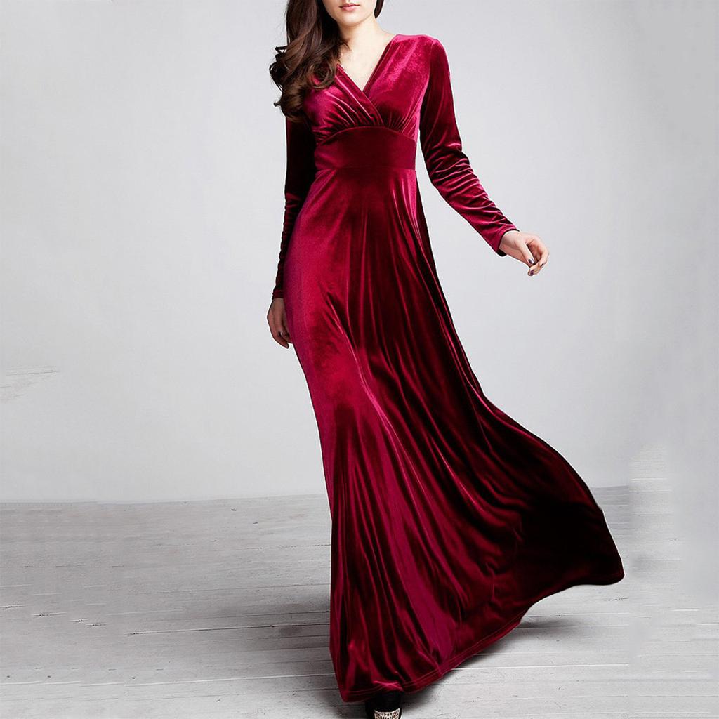 Women's And Winter Gold Velvet V-Neck Solid Color Long-Sleeved Party Dress