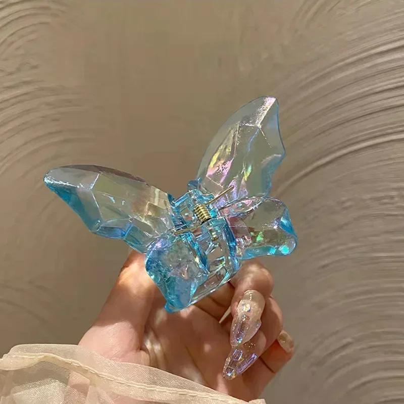 Gjennomsiktig sommerfugl hårklemme kvinner sommer krystall havfrue blendende farge klemme haiklemme i bakhodet hårklemmer