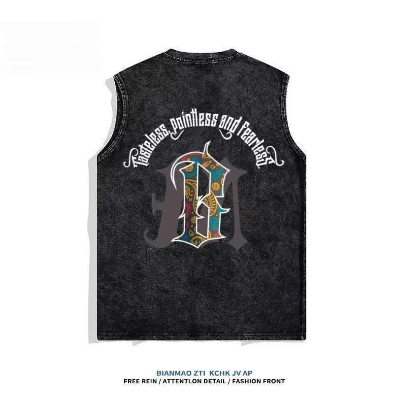 

Summer Printed Casual Vest for Men Loose Plus Size Sleeveless T-Shirt Sports Tank Top Sweat Shirt Ins Trendy Men s Clothing Top M сірий колір